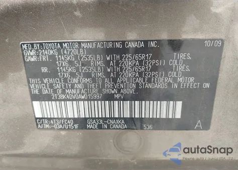 2010 Toyota Rav4 Base V6 z USA, uszkodzony, nr VIN 2T3BK4DV0AW015997